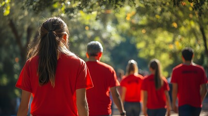 Active neighborhood event, with red shirts highlighting the vibrant spirit of the community, selective focus, Community engagement theme, Whimsical, Overlay, Park setting backdrop