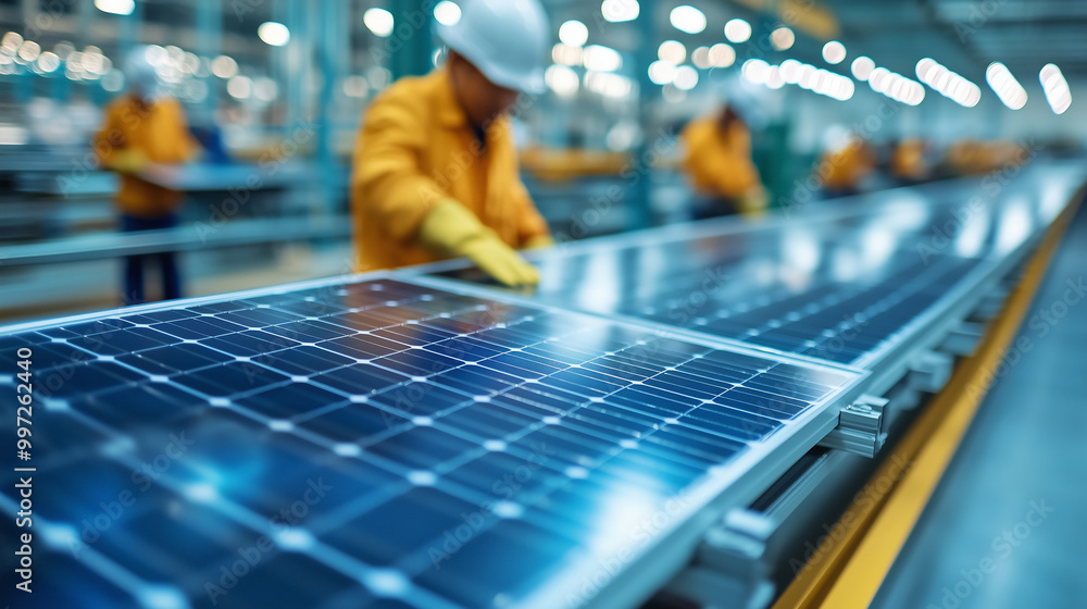 Poster workers are assembling solar panels on a production line in a factory. manufacturing solar panels in