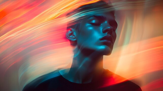 An abstract interpretation of strength, with a black shirt as the focal point, contrasted against a vibrant, blurred background, evoking power