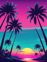 Fototapeta premium A vibrant sunset over a tropical beach with palm trees, evoking relaxation and serenity.