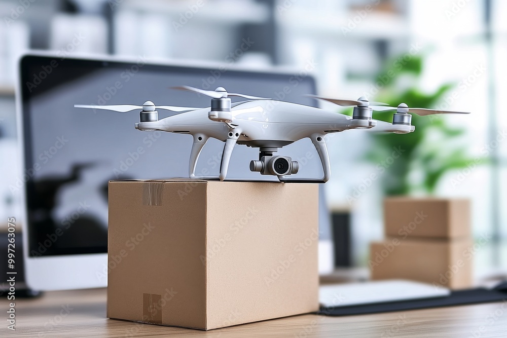 Aufkleber white delivery drone placed on a cardboard box in an office representing modern e commerce delivery 
