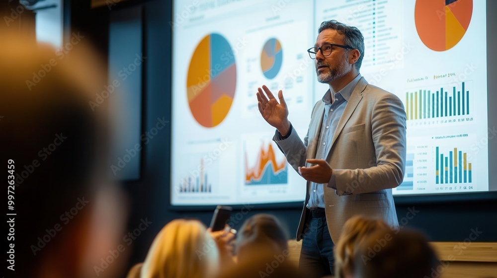Leinwandbilder An expert engaging the audience with a detailed presentation on data trends, highlighting important findings on a large screen. Generative AI