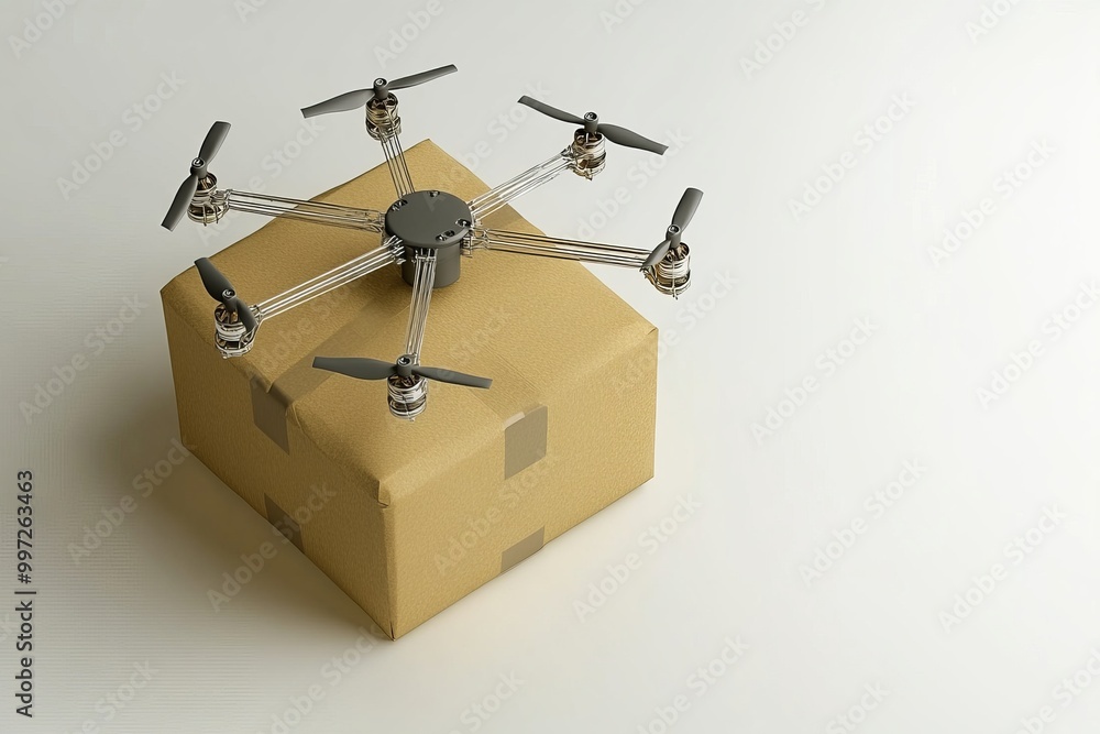 Poster creative concept of multiple drones flying in sync to deliver a package demonstrating cutting edge d