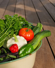 Bowl filled with newly harvested produce. Home grown and organic vegetables. Tomatoes, zucchini, parsley, flowers, apples, pears, beans, peppers, chillies and kale.