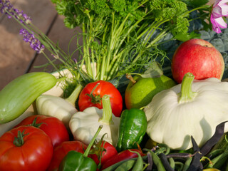Bowl filled with newly harvested produce. Home grown and organic vegetables. Tomatoes, zucchini, parsley, flowers, apples, pears, beans, peppers, chillies and kale.
