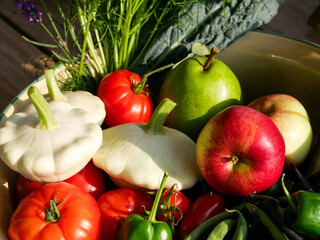 Bowl filled with newly harvested produce. Home grown and organic vegetables. Tomatoes, zucchini,...