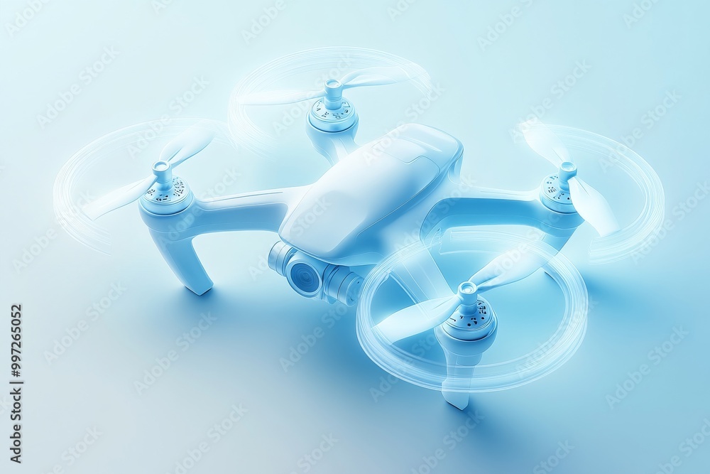 Aufkleber futuristic glowing drone with transparent spinning propellers in an illuminated soft blue and white 