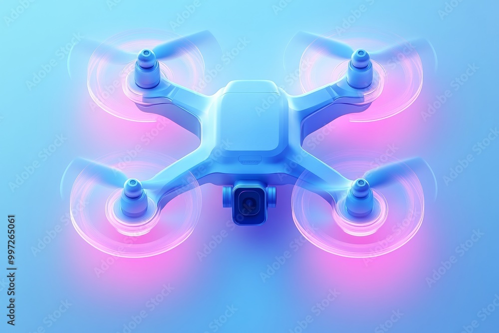 Poster neon lit drone with glowing pink and blue propellers hovering in a futuristic setting highlighting a