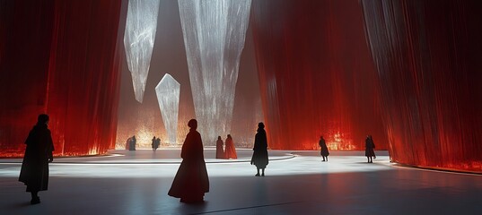 Futuristic Metallic Infographic Japanese Coming of Age Day where participants are surrounded by floating crystals emitting metallic light resonating with their hopes and dreams