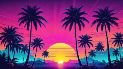 Obraz premium A vibrant sunset over a tropical landscape with palm trees and mountains.