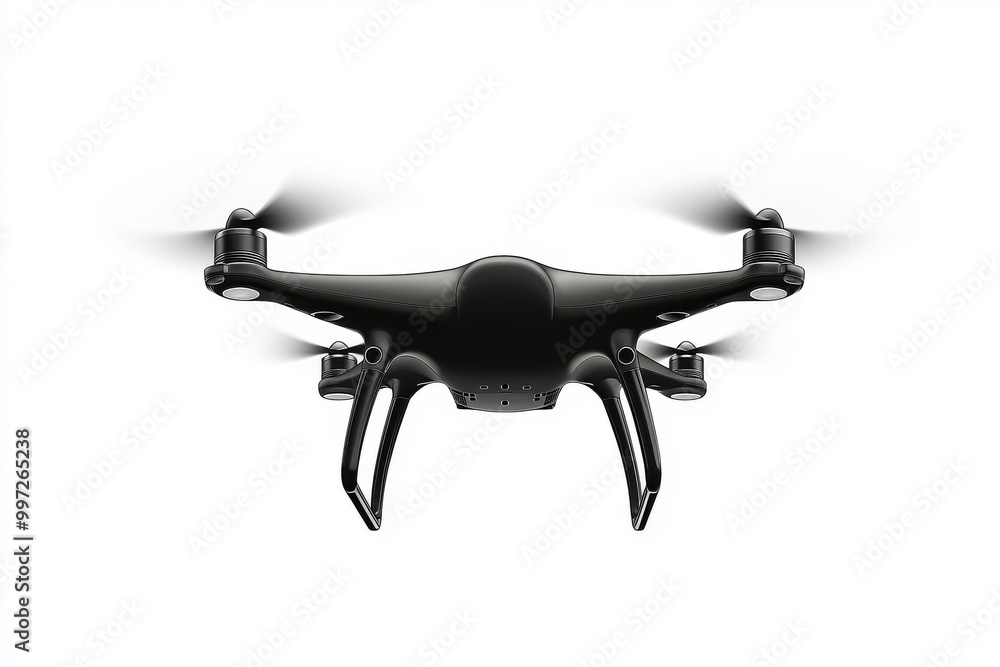 Poster black drone captured mid flight with blurred propellers emphasizing the speed motion and efficiency 
