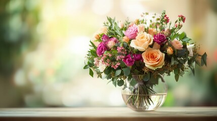 Obraz premium This vibrant bouquet features a mix of colorful flowers elegantly displayed in a glass vase, adding charm to the wooden table setting. Generative AI