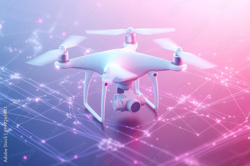 Aufkleber futuristic drone glowing in pink and blue against a grid like digital background symbolizing modern 