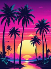 Obraz premium A vibrant sunset over a tropical landscape with palm trees and reflections in the water.