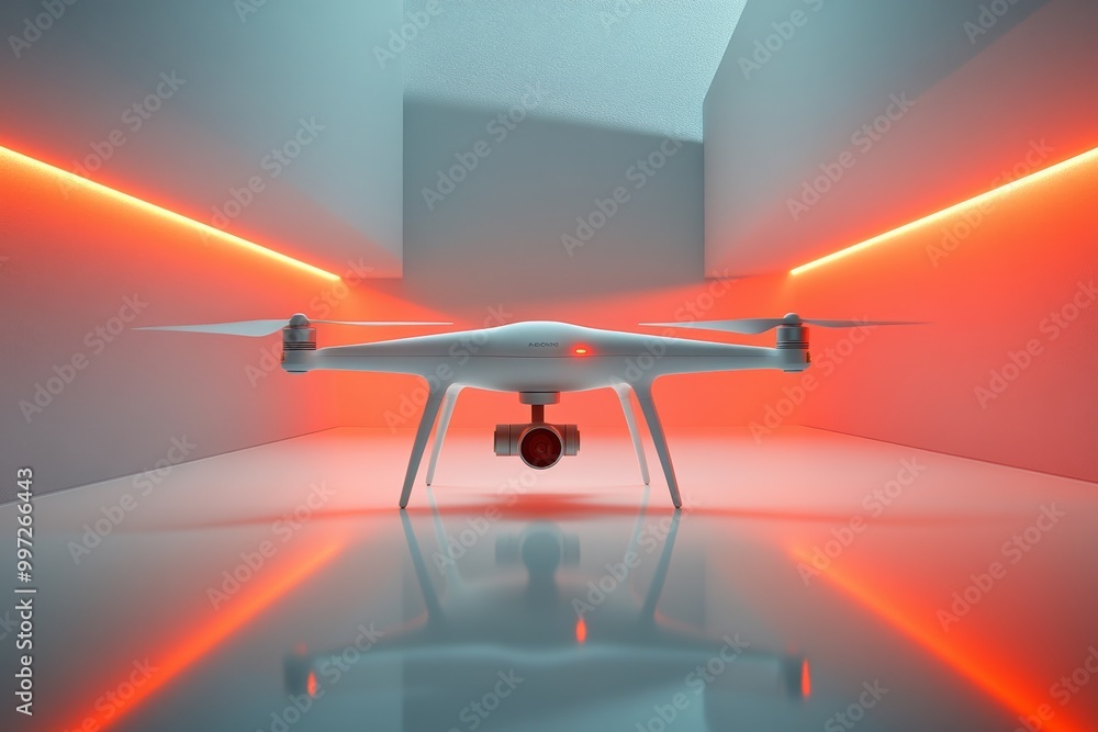 Poster red drone glowing in a neon lit hallway symbolizing the integration of drones in futuristic architec
