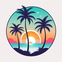A vibrant sunset over the ocean, framed by palm trees in a circular design.