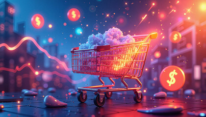 Creative 3D illustration of a shopping cart with clouds and dollar signs in a vibrant digital environment