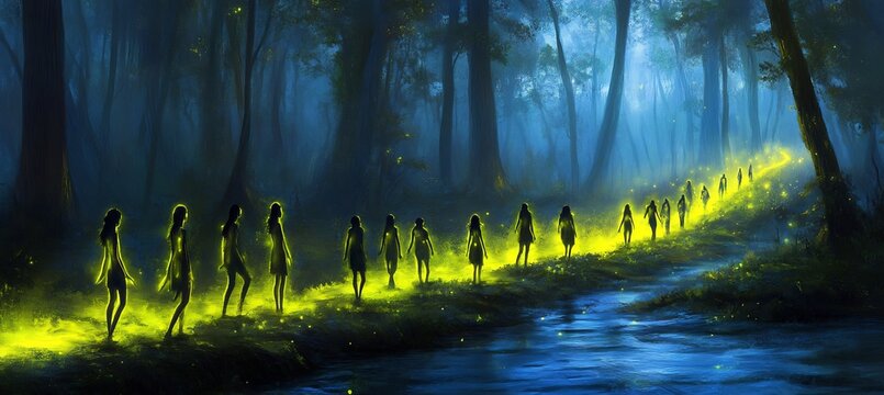 Glowinthedark Illustration Japanese Coming of Age Day where the participants are surrounded by glowing reeds their light intensifying as they move toward adulthood casting neon shadows on the ground