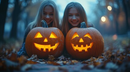 Halloween Pumpkins and Smiling Children in Festive Costumes