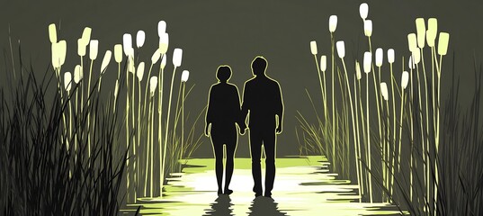 Glowinthedark Illustration Japanese Coming of Age Day where the participants are surrounded by glowing reeds their light intensifying as they move toward adulthood casting neon shadows on the ground