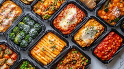Frozen ready meals with a variety of frost-covered dishes like lasagna, curry, and stir-fries, viewed from above in an organized layout