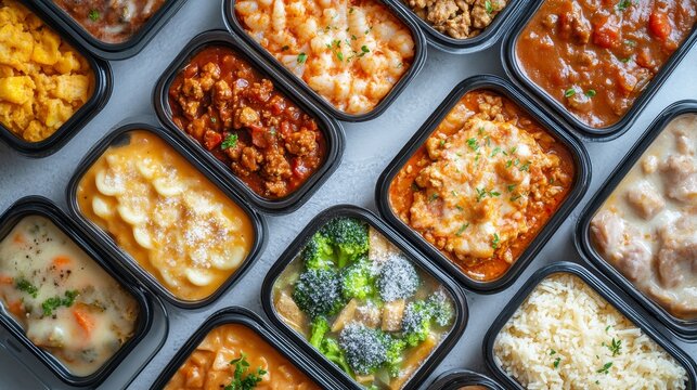 Frozen ready meals with a variety of frost-covered dishes like lasagna, curry, and stir-fries, viewed from above in an organized layout