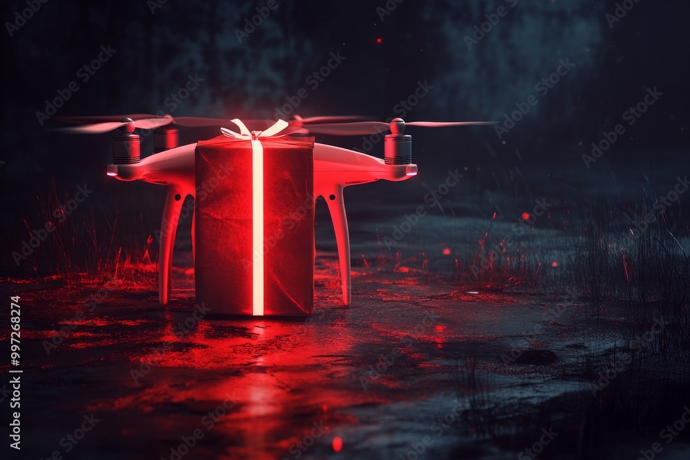 Poster red and black drone with neon accents flying in a dark environment highlighting the advanced design 