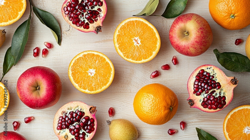 Wall mural Fresh fruits like apples, oranges, and pomegranates on a wooden table.