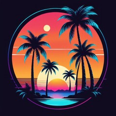 Obraz premium A vibrant sunset scene featuring palm trees and a serene ocean view.