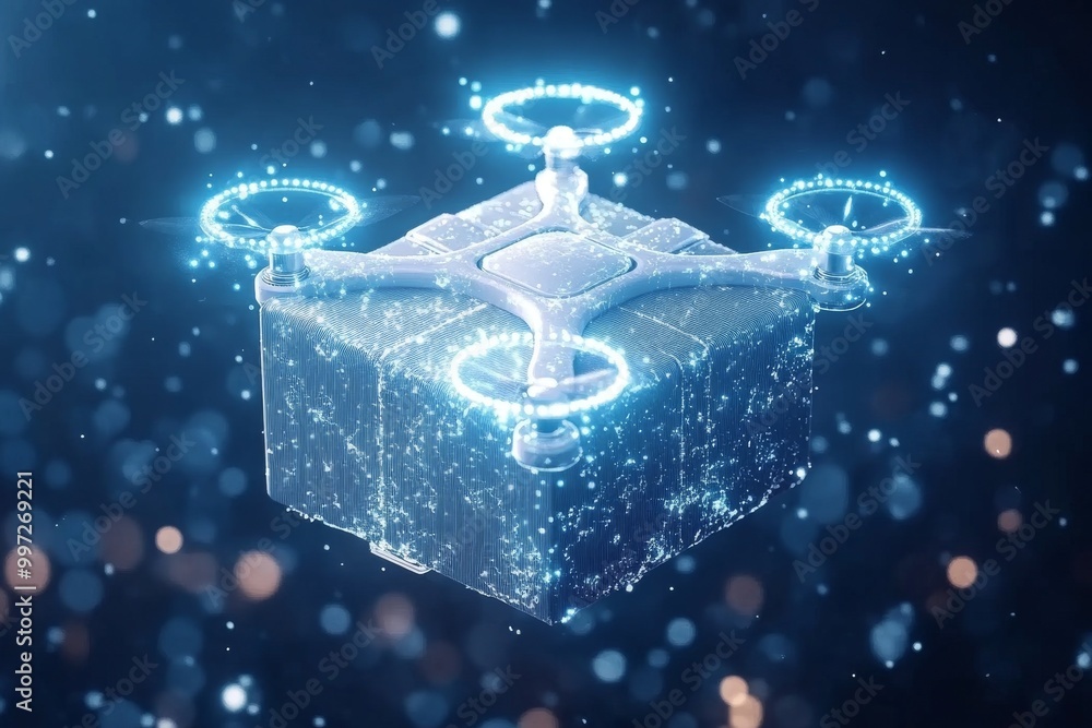 Aufkleber futuristic holographic drone delivering a glowing cube package in a digital environment symbolizing 
