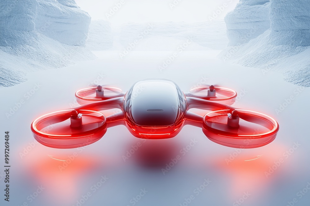 Poster futuristic red drone with glowing propellers hovering over an icy landscape representing the versati