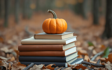 Autumn aesthetic: a bright, orange pumpkin on a stack of books in a cozy autumn park. Autumn landscape. Autumn mood.
