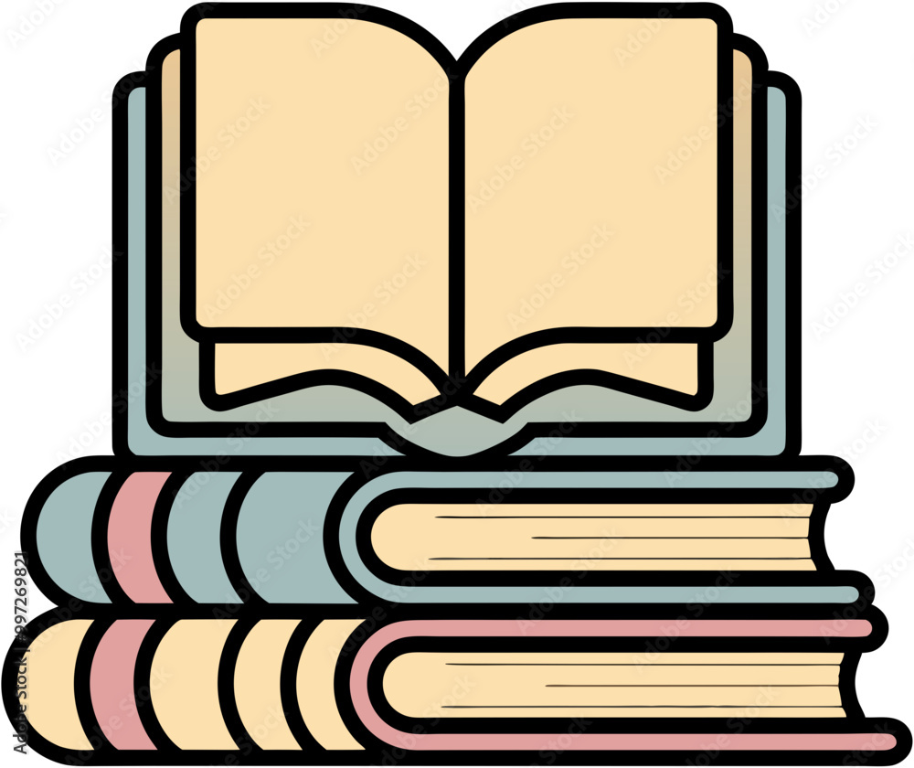 Poster stack of colorful books with open book on top vector illustration for education and learning