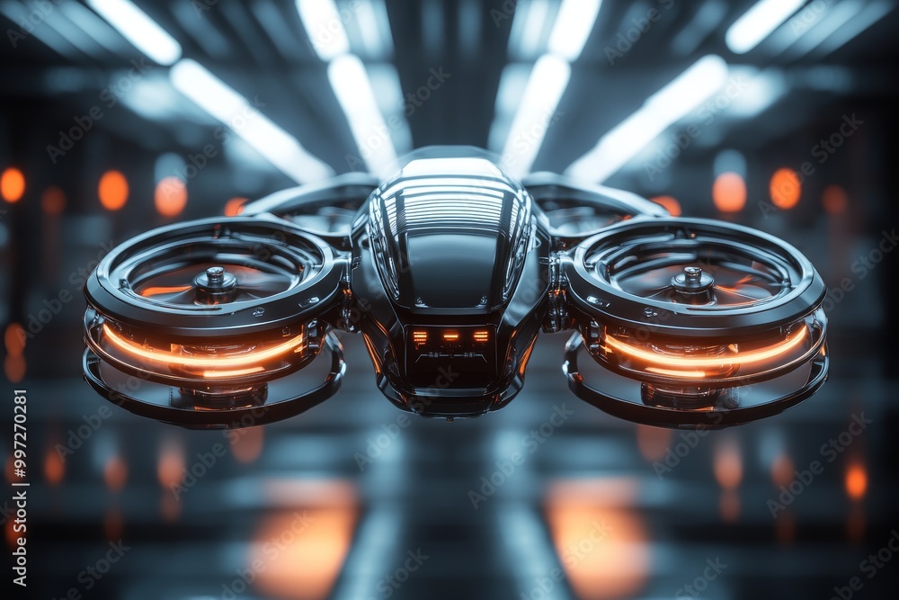 Poster futuristic drone with glowing rotors flying through a high tech tunnel symbolizing advanced uav desi
