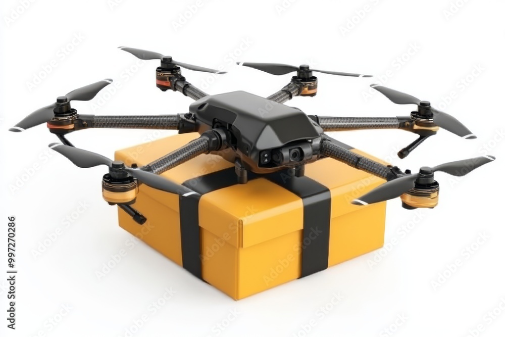 Poster industrial delivery drone with a yellow cargo box highlighting the use of uav technology in efficien