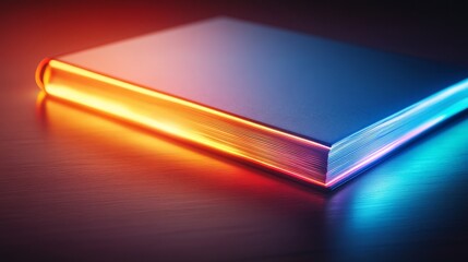 Hardcover book with a holographic ribbon, glowing neon reflections on a dark wooden table, futuristic style, sharp contrast, vivid colors