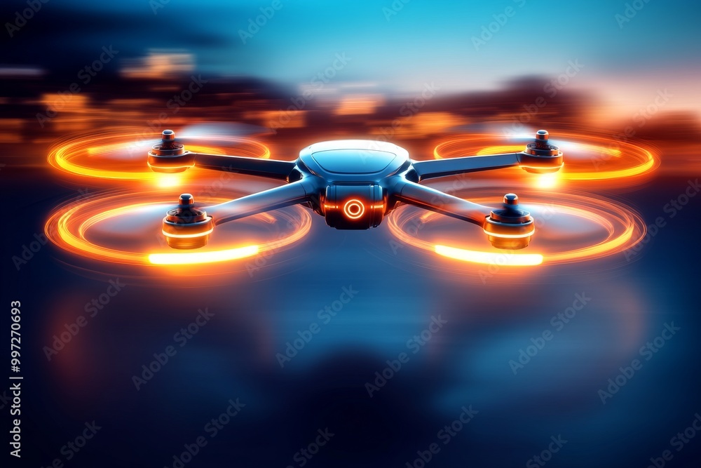 Poster drone with glowing orange rotors flying over a high tech digital environment emphasizing the role of