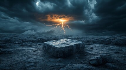 Fototapeta premium Heavy, dark clouds roll over an empty rocky wasteland, lightning illuminating a central stone podium, standing alone in the storm's fury