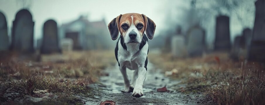 Beagle in a zombie costume walking through a haunted graveyard, zombie dog, Halloween horror pet