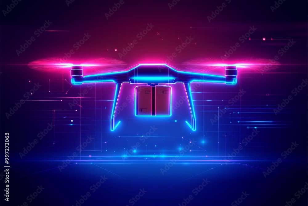 Poster neon blue and red drone glowing in a high tech digital environment emphasizing the advanced design a