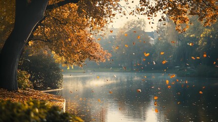 Autumn Leaves Falling on a Lake in Munich's English Garden.