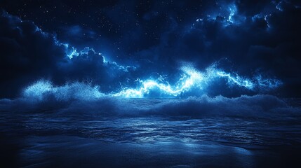 Obraz premium Lightning storm striking the ocean at night, waves crashing, Surrealism, Electric blue, 3D rendering, Hyper-detailed, realistic reflections in water