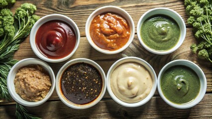 Set of different Sauce in white bowl from top view isolated on background, flat lay of various tasty dipping sauces cuisine.