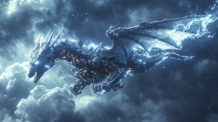 Fototapeta premium Lightning-powered mechanical dragon flying through a stormy sky, steampunk design, metallic scales, electric sparks, dynamic motion, dark blue hues
