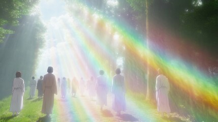 Iridescent Light Beams Illustration Japanese Coming of Age Day where participants walk through field of soft glowing light beams ripple iridescent colors as they move representing their future paths
