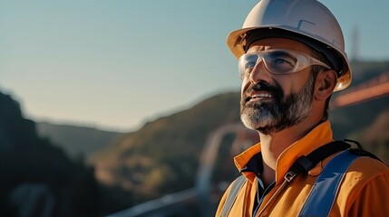 Obraz premium A construction worker in safety gear gazes thoughtfully into the distance, surrounded by a scenic landscape during golden hour.