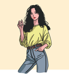 Trendy Asian Woman Vector with Stylish Fashion in Beautiful Soft Pastel Colors