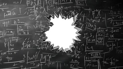 white hole breaking through school black chalkboard with math formulas and calculations