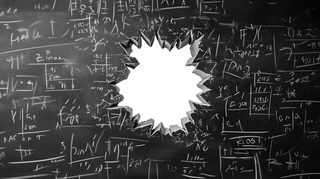 white hole breaking through school black chalkboard with math formulas and calculations