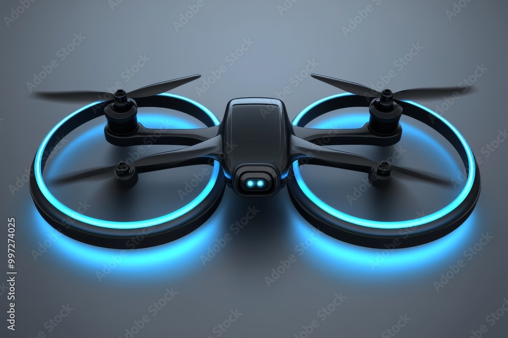 Poster futuristic blue drone with glowing rotors in a studio setting highlighting modern uav design and its